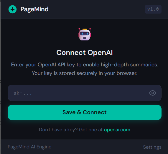 PageMind Chrome extension popup showing an AI-generated webpage summary with highlighted key phrases