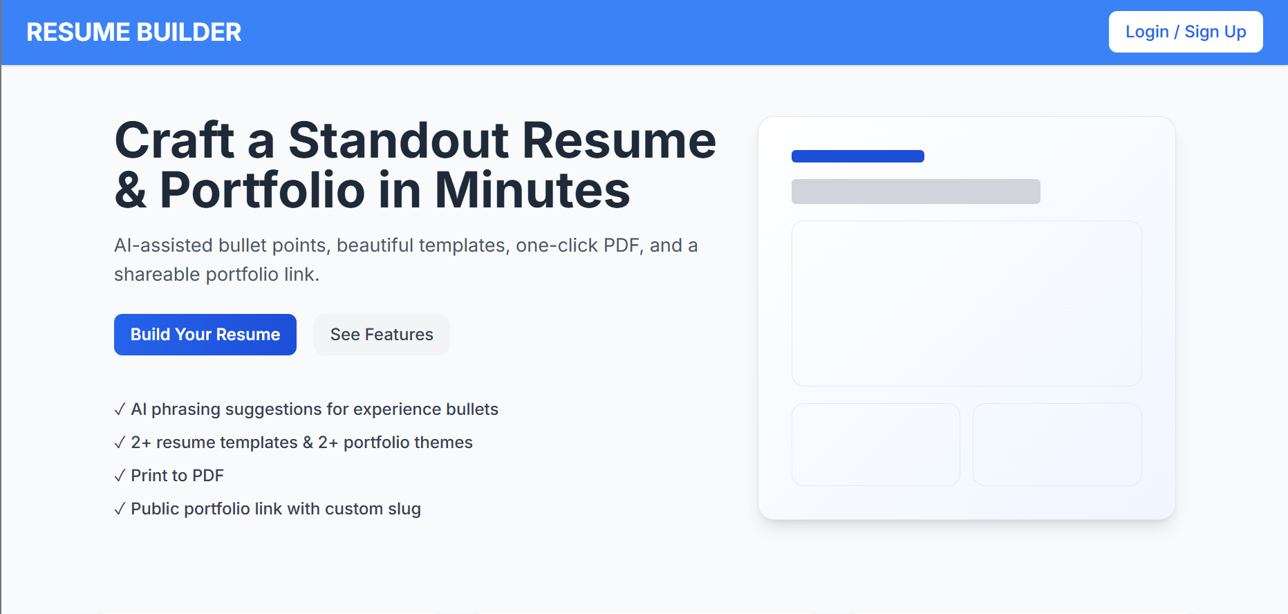 Resume builder web app with editable resume sections, live preview, and template selection